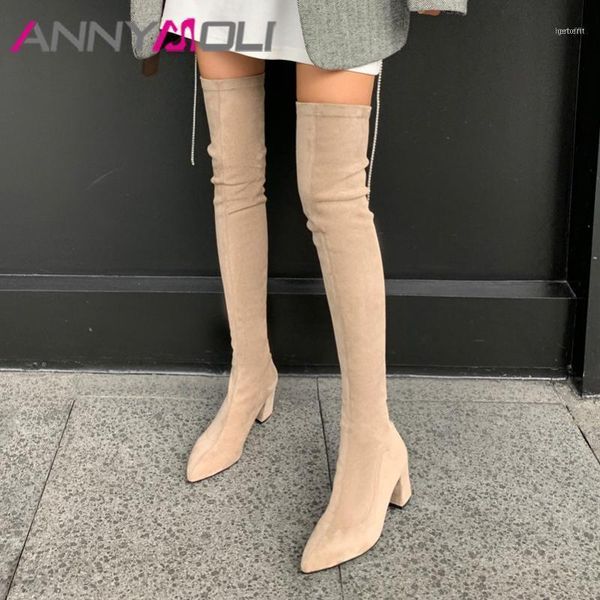 

boots annymoli long women shoes pointed toe thick heels over the knee zipper fashion ladies stretch autumn winter 4311, Black