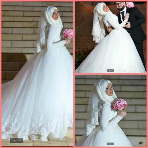 

2021 vestido de festa white tulle islamic ball gown wedding dresses high neckline with long sleeve modest bride dress beaded sequins princes