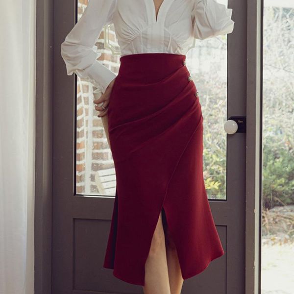 

skirts 2021 formal red women's high waist split fold button slim office lady midi women pencil, Black