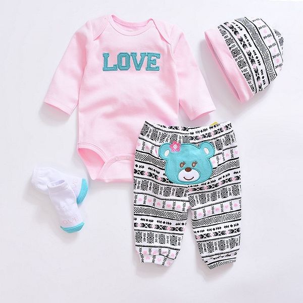 Baby Mädchen Kleidung Winter Neugeborenen Baby Anzug Cartoon Jungen Bodys Hosen Lätzchen Socken Kleidung Set, 0-12 Monate Kinder Kinderkleidung 210309