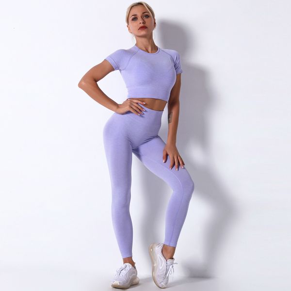 

2021 ins seamls knitting fitns short sleeve pants yoga suit, Gray