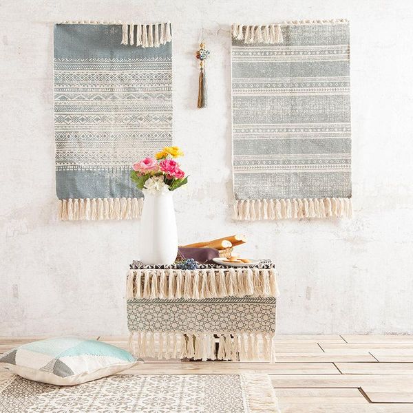 

carpets retro cotton linen woven printed with tassel carpet floor mat for bedroom kitchen door pad tapestry home decoration table cloth