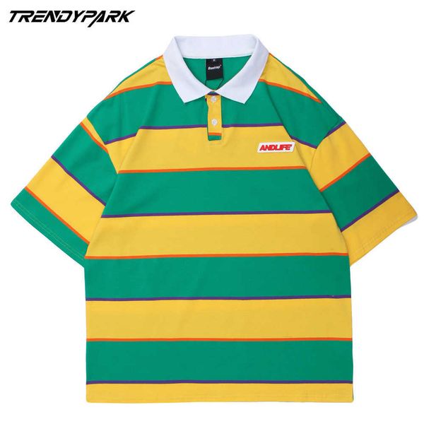 

men's polo shirts t-shirt streetwear striped t shirt summer short sleeve tshirt harajuku cotton casual oversize tees 210601, White;black