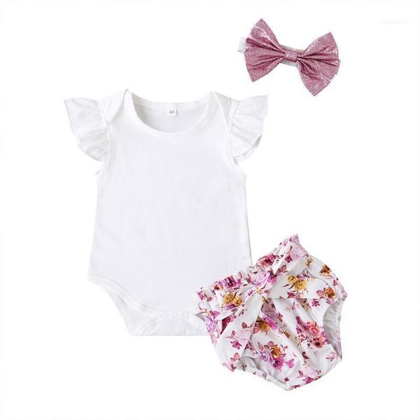 

baby girl clothing sets summer solid white romper with floral skirt +pink headbands clothes set1
