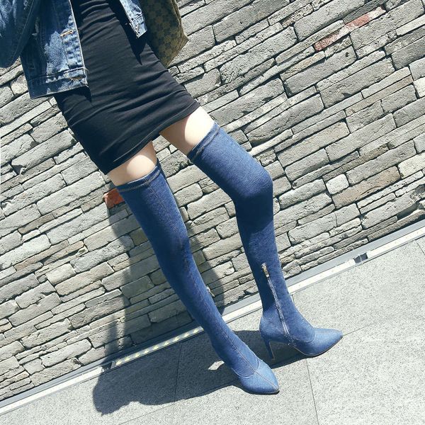 

designer high leg knee tube thin heel denim elastic pointed side zipper women's boots, White;red