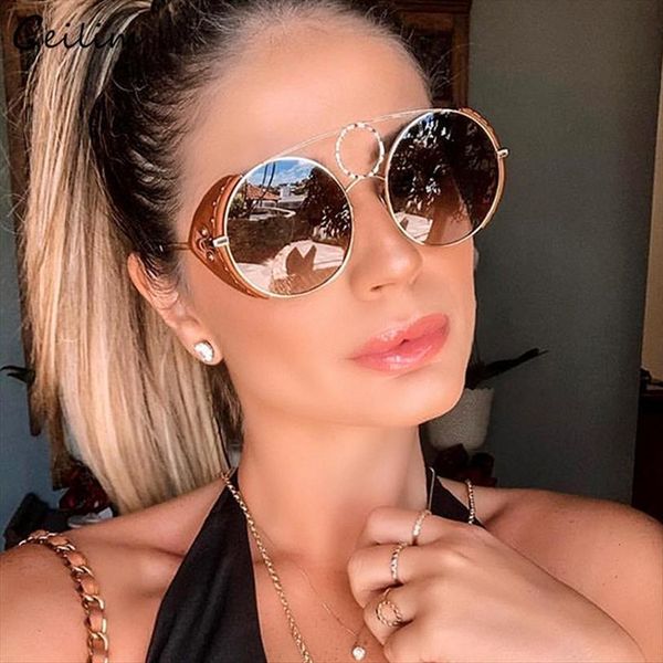 

brand leather frame round sunglasses women steampunk alloy rivet sun glasses oversize mirror shades, White;black
