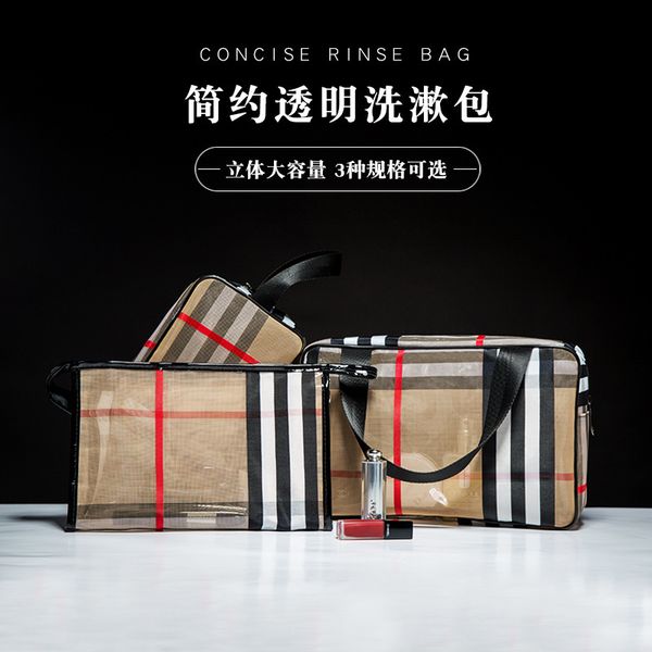 

cosmetic bag plaid net red mesh handbag, flocking and hollow wash leisure women's