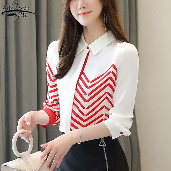 

2021 autumn women stitching chiffon blouse new fashion long sleeve turn-down collar striped cardigan shirt blusas mujer 10873, White