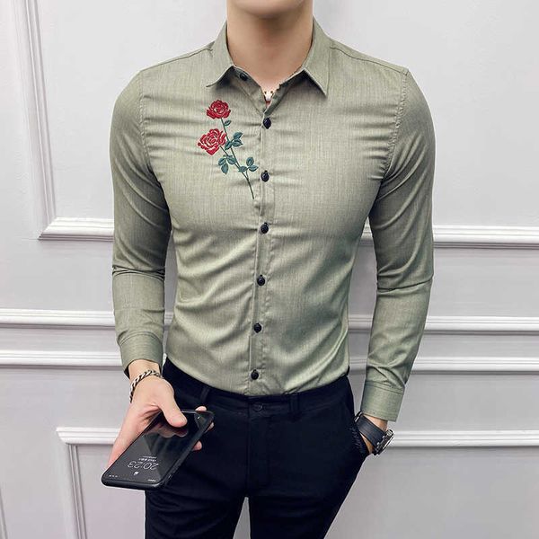 Rose Stickerei Solide Casual Männer Hemd Langarm Slim Fit Kleid Shirts Camisa Masculina Formale Social Party Smoking Hemden 210527