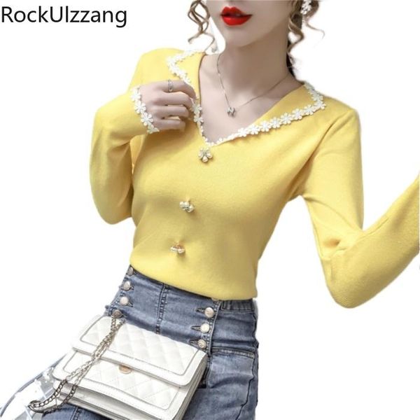 

women's t-shirt cute flower lace v neck pearls button long sleeve knit fashion fall spring t shirt tee korean women knitted tshirts, White