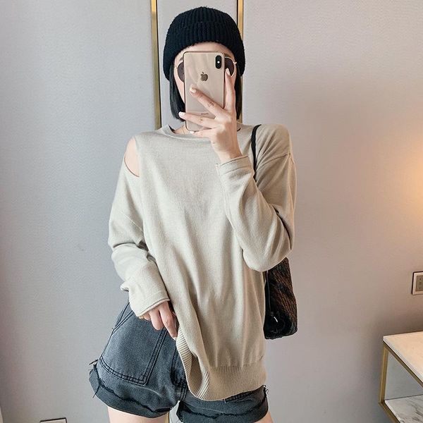 

women's sweaters 2021 knit sweater women autumn street style solid color pullover bottoming round neck ripped, White;black