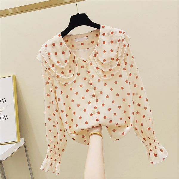 

more size polka dot chiffon female blouse 2021 fall three layers dollar long trumpet sleeve release lady shirts bv3a, Black