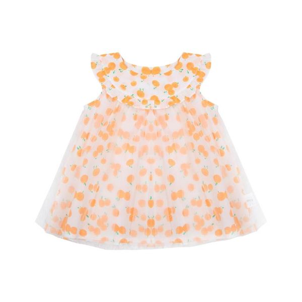 

girls' multi-layer orange printed princess dress, sleeveless ruffled collar tulle skirt, lovely summer clothes, Red;yellow