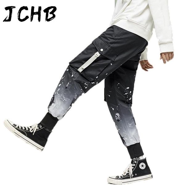 

designer new casual men's jogging pants cotton men's pants ribbon fashion 2021 spring streetwear overalls men multi-pocket, Black