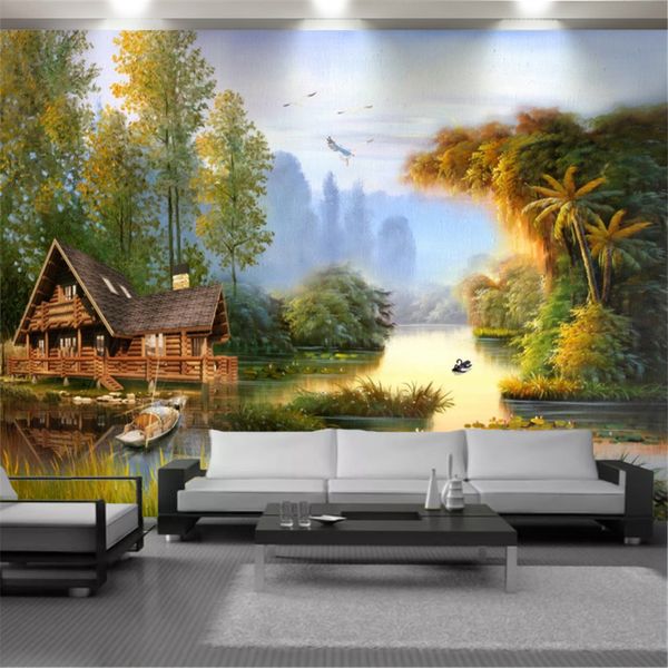 3D Mural Mural Mural Valktowing Papel de Parede Chalé No Lago Com Belo Cenário Interior Casa Decoração Pintando Papéis de Parede À Prova D 'Água