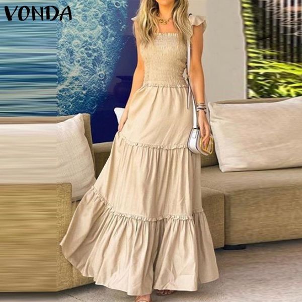 

casual dresses tank dress vonda summer 2021 women solid sleeveless long maxi loose lace pleated ruffled hem vestido 5xl, Black;gray