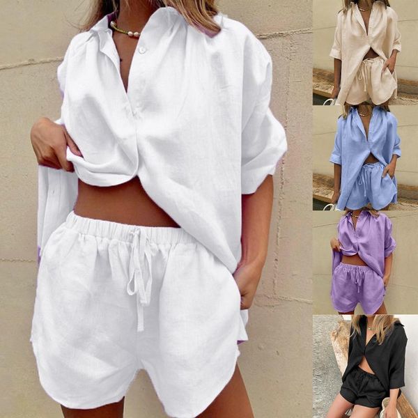

women's tracksuits sampic casual women cotton linen tracksuit long sleeve button polos collar shirt bandage loose two piece set spotrsw, Gray