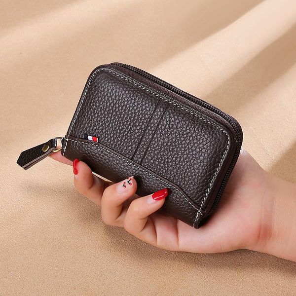 

card holders style version of the high-end genuine leather bag ms. lychee stitched zero purse men's business, Brown;gray