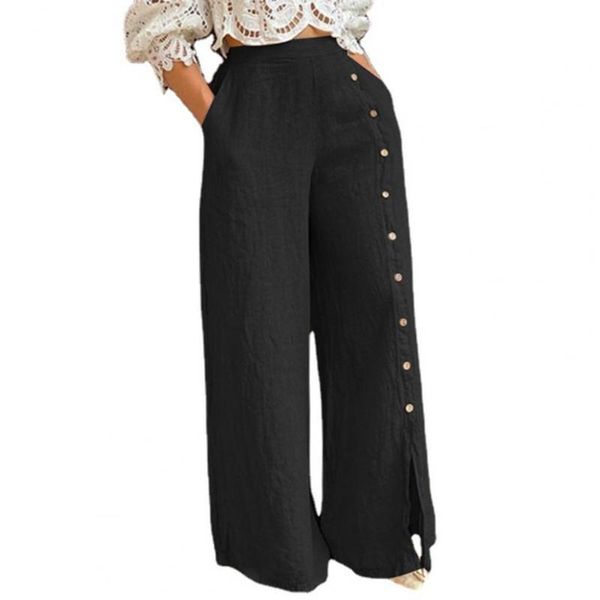 

women's pants & capris multi buttons wide leg women trousers/pants straight split elastic waist solid color loose long ladies clothing, Black;white