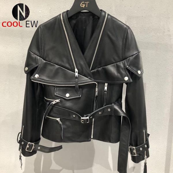 

women's leather & faux real jacket fashion women genuine 2021 sheepskin coats and jackets streetwear overcoat female, Black