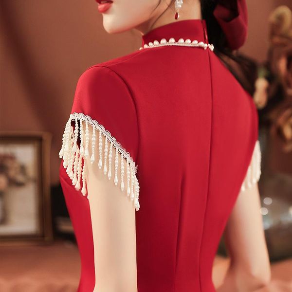 

ethnic clothing pearl tassel beading qipao chinese bride wedding dress lace cheongsams vintage celebrity gown satin traditional prom, Red