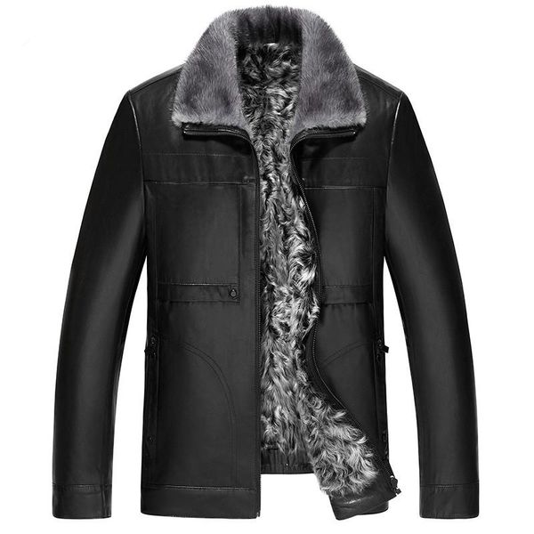 

men's leather & faux genuine jacket winter collar real goatskin coat natural wool liner warm jlk18gt1718 my1864, Black