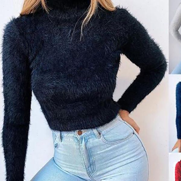 

women autumn winter solid color long sleeve turtleneck plush crop sweater drop shipping high quality, White;black