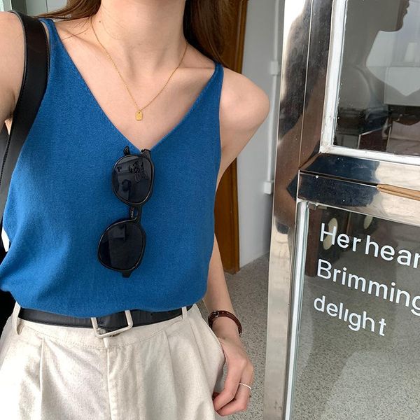 

women's tanks & camis multi-color v-neck curling woven small sling female 2021 summer korean casual vest top, White