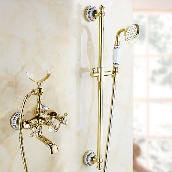 

luxury crystal bathtub gold brass faucet with hand shower telephone type bath faucets sets mixer tap wall mounted