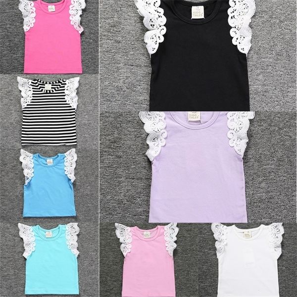 

kids summer t-shirt baby lace candy color stripe printed fly sleeve vest casual children girls short sleeve t-shirt tee h23lgaf, Blue