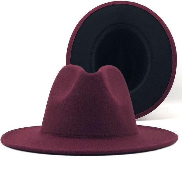 

classics women men outer wine red inner black wool felt jazz two tone fedora hat vintage british style wide brim panama cap, Blue;gray