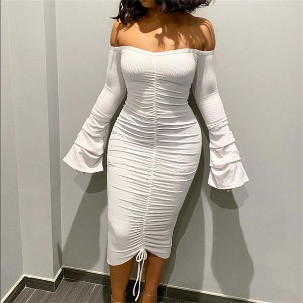 

casual dresses women ribbed ruched sheath dress off-shoulder flare sleeve, Black;gray