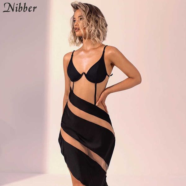 Nibber Сексуальная горячая лоскутная сетка прозрачный спагетти ремешок тощий платье для женщин 2020 модный клуб Party Bodycon платья Mujer Y0726