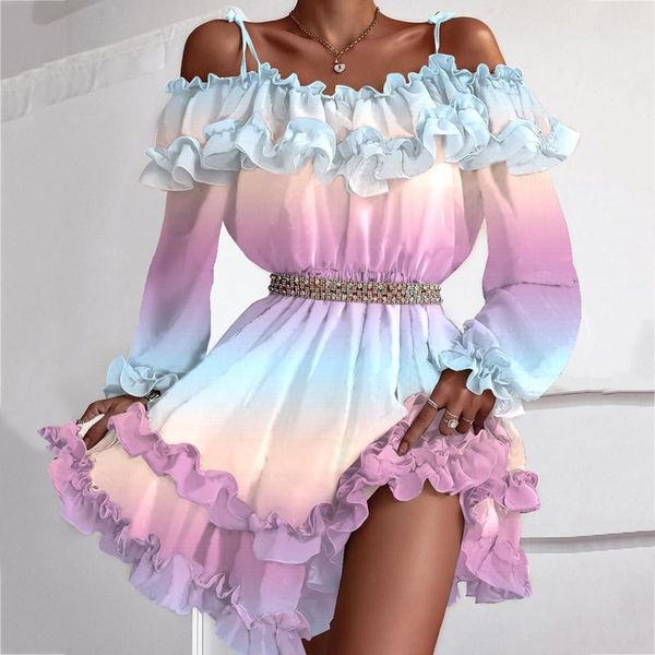 

casual dresses women summer off shoulder ruffle mini dress elegant slash neck party vintage floral print ladies beach, Black;gray