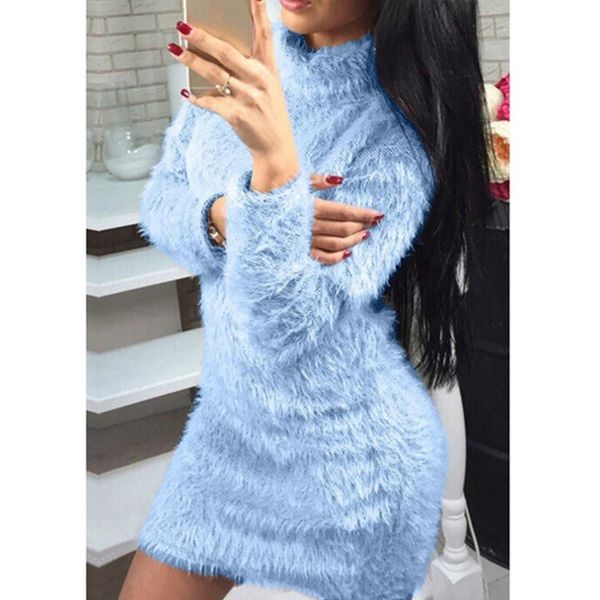 

2021 new women turtleneck knitted bodycon autumn winter faux fur ffy party club night mini es sheath xpso, Black;gray