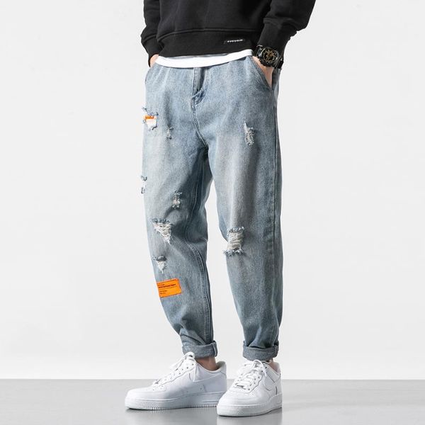 

teenager denim pants men's spring new trendy brand loose hip hop ripped jeans trend straight cowboy harem cropped pants, Blue