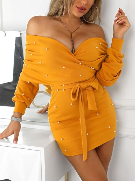 

casual dresses fashion beautiful pearl beading knitted dress women high street off shoulder party long sleeve bodycon bandage, Black;gray