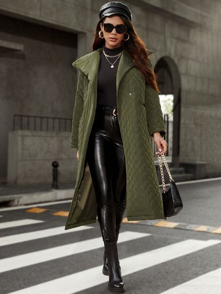 

solid longline belted quilted coat v2mt#, Black
