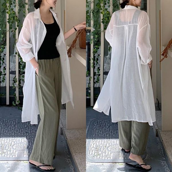 

2021 summer solid kimono shirts zanzea fashion split blouses women casual lapel long cardigans blusas female sunscreen plus size, White