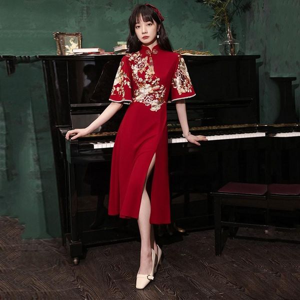 

ethnic clothing exquisite tassel beaded lady dress vintage button mandarin collar vestidos embroidery floral a-line butterfly sleeve dresses, Red