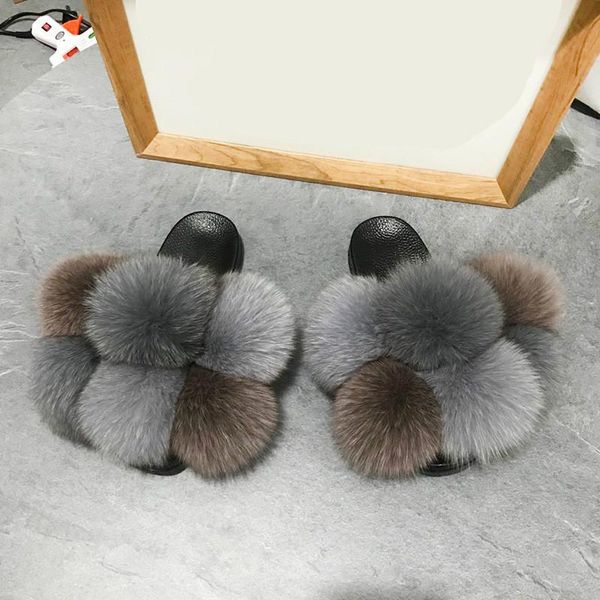 

[deat] 2021 new spring summer round toe shallow fur spliced mixed colors casual outside flat sandals women sh888, Black