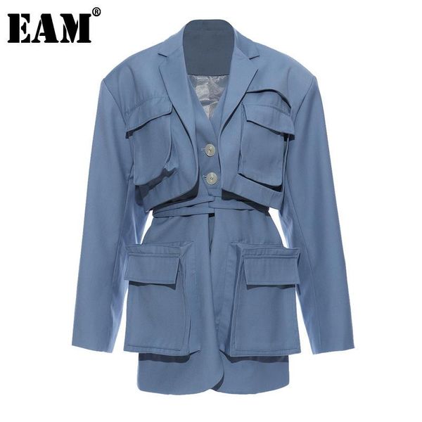 

women's suits & blazers [eam] women blue pocket split joint big size blazer lapel long sleeve loose fit jacket fashion spring autumn 20, White;black