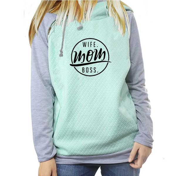 

fashion funny letters print hoodies for women zipper decoration hooded casual patchwork long sleeve, Black