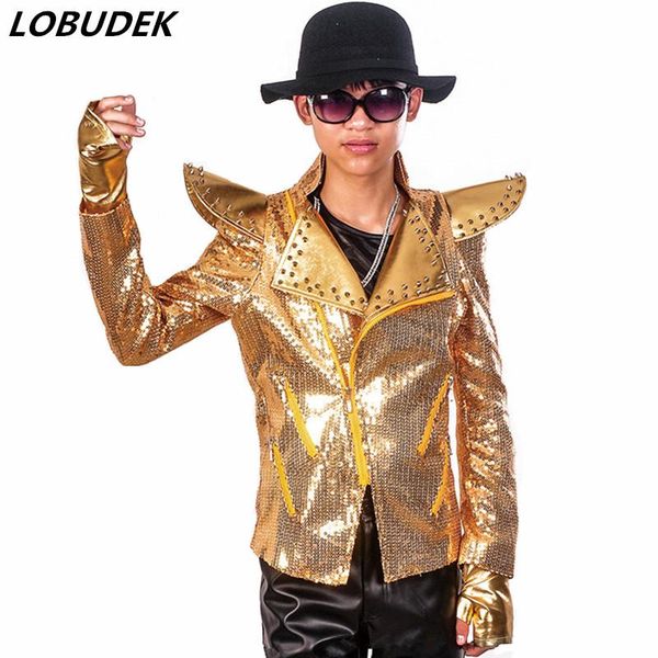 

men's jackets punk male singer stage costume gold rivet sequins zipped short jacket slim coat bar nightclub dj dancer performance cloth, Black;brown