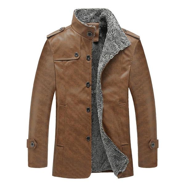 

men's jackets autumn winter men mid-length pu leather jacket wool liner solid stand collar outerwear plus size 4xl windproof warm coats, Black;brown