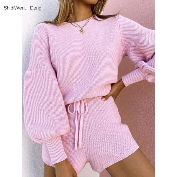 

women's two piece pants set women knitted round neck lantern sleeve sweaters lace up solid shorts sets female 2021 autumn 2, White