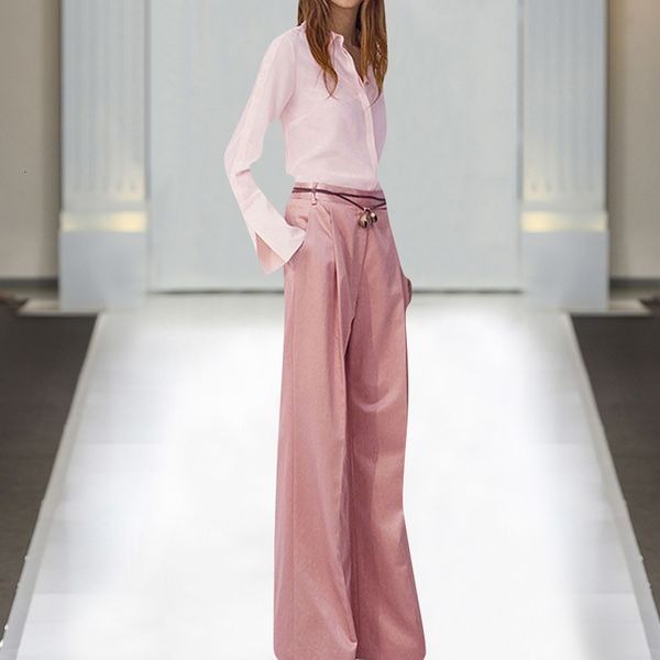 

new women sets spring runway pink lapel single breasted shirt, bell belt trousers elegant party workplace two-piece suit 2qxp, Gray