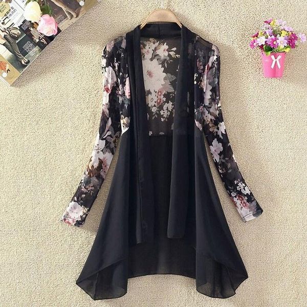 

women's blouses & shirts women 2021 summer cardigan female floral print chiffon blouse full sleeve long shirt beach fashion outerwear s, White