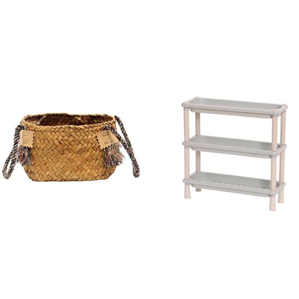 

storage baskets 1 pcs household holder bathroom deskmini side shelf & hand-woven seaweed basket