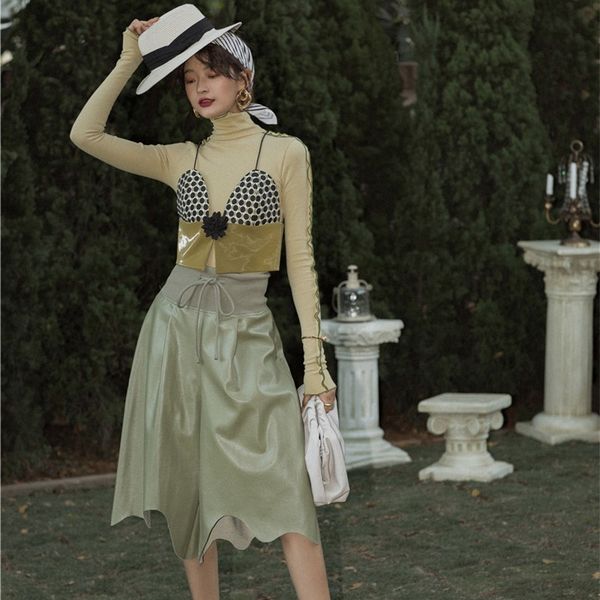 

2021 new yellow long sleeve turtleneck t women ruffle tight tee shirt ladies fashion tshirt clothing fv59, White